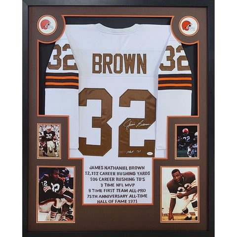 Jim Brown Autographed Signed Framed White Stat Cleveland Browns Jersey JSA