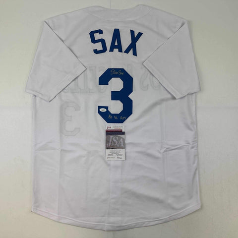Autographed/Signed Steve Sax Los Angeles LA White Baseball Jersey JSA COA