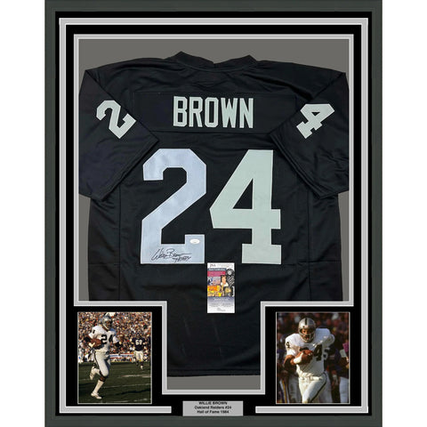 Framed Autographed/Signed Willie Brown 33x42 HOF 84 Oakland Black Jersey JSA COA