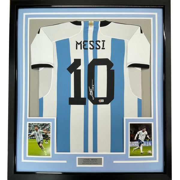 Framed Autographed/Signed Lionel Messi 35x39 Argentina Jersey Beckett COA