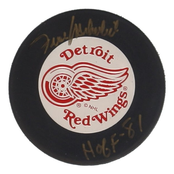 Frank Mahovlich Signed Detroit Red Wings Logo Puck Inscribed "HOF 81" (Beckett)