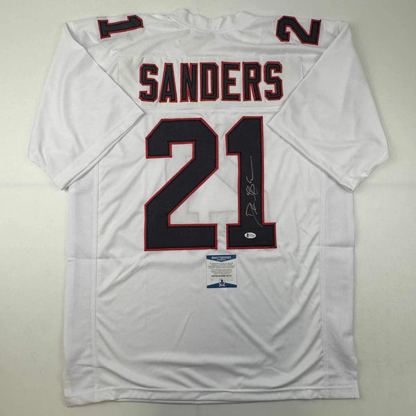 Autographed/Signed Deion Sanders Atlanta White Football Jersey Beckett BAS COA