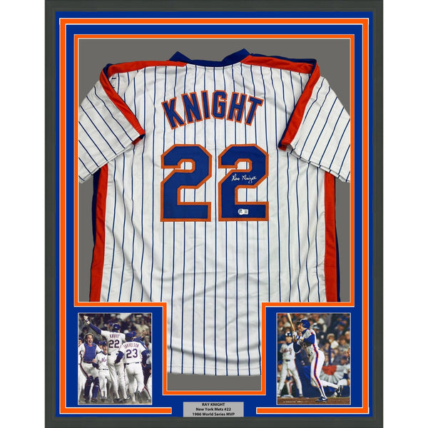 Framed Autographed/Signed Ray Knight 35x39 New York Pinstripe Jersey COA