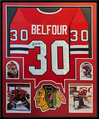 FRAMED CHICAGO BLACKHAWKS ED BELFOUR AUTOGRAPHED SIGNED JERSEY JSA COA