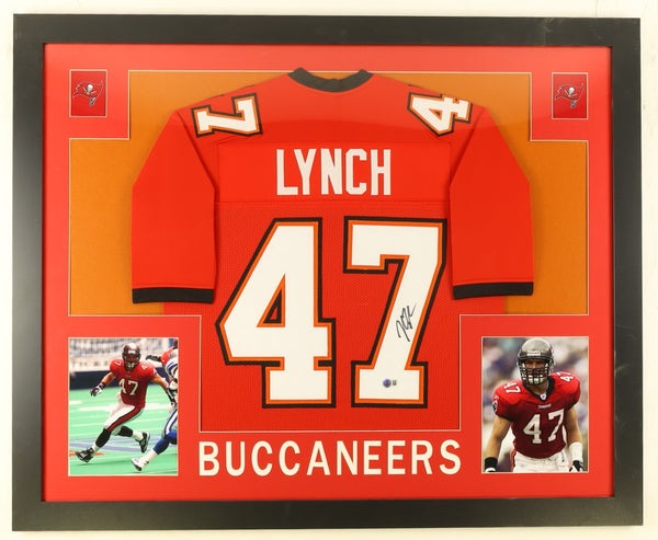 John Lynch Signed Tampa Bay Buccaneers 35x43 Framed Jersey (Beckett) Def. Back