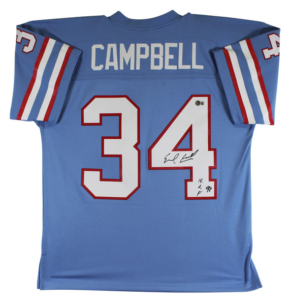 Oilers Earl Campbell "HOF 91" Signed Light Blue M&N Throwback Jersey BAS Witness