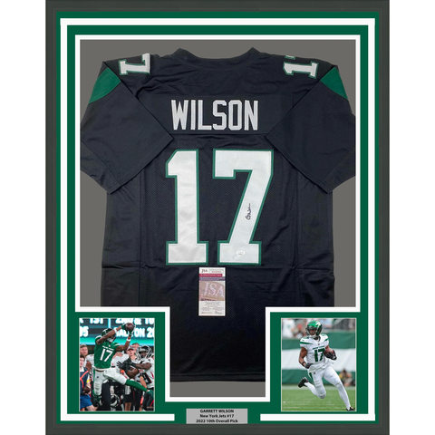 Framed Autographed/Signed Garrett Wilson 33x42 New York Black Jersey JSA COA