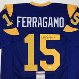 Autographed/Signed VINCE FERRAGAMO Los Angeles LA Blue Football Jersey JSA COA