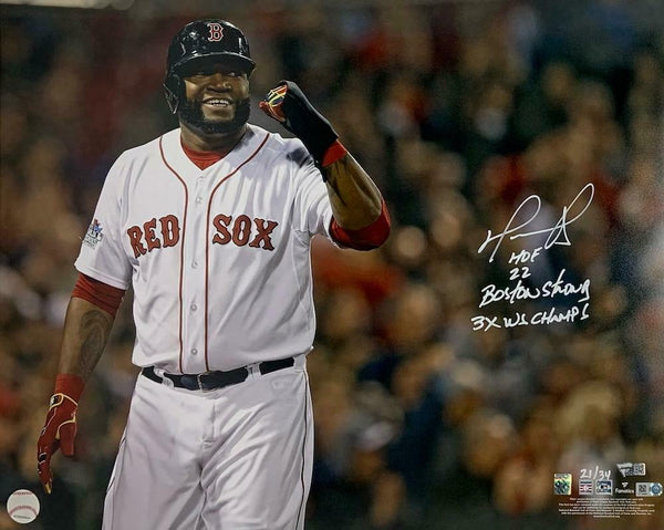 DAVID ORTIZ Autographed "HOF 22, 3x WS Champs" 16" x 20" Photo FANATICS LE 34