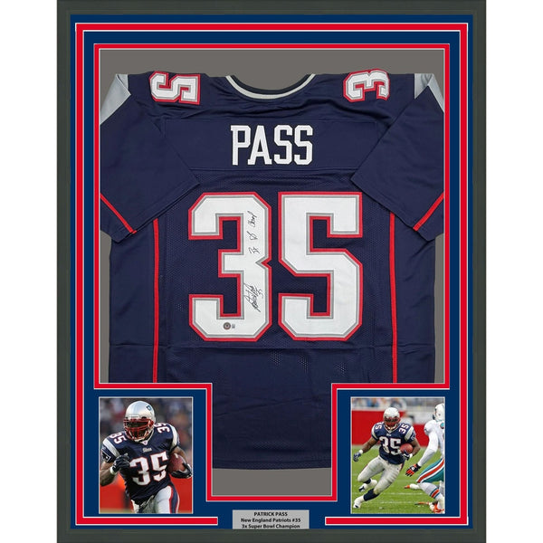 Framed Autographed/Signed Patrick Pass 35x39 NE Blue Jersey Beckett BAS COA