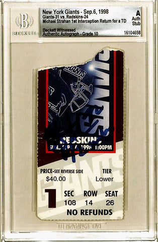 Michael Strahan Signed New York Giants Ticket Stub 09/06/98 Beckett Slab 40433