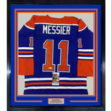 FRAMED Autographed/Signed MARK MESSIER 35x39 Edmonton Blue Jersey JSA COA