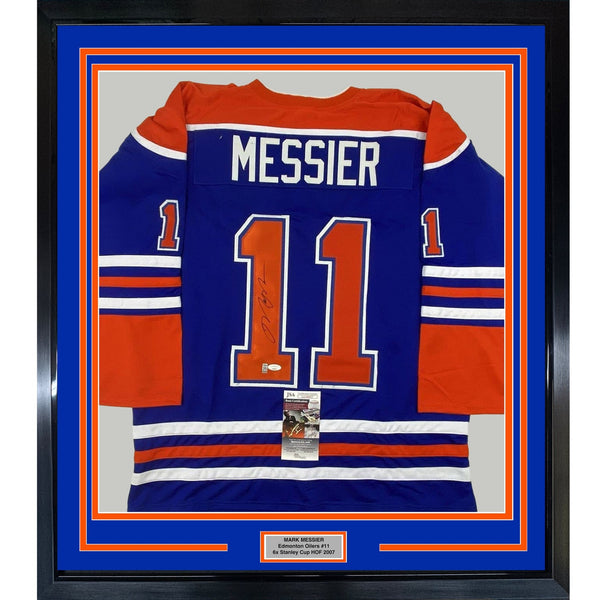 FRAMED Autographed/Signed MARK MESSIER 35x39 Edmonton Blue Jersey JSA COA