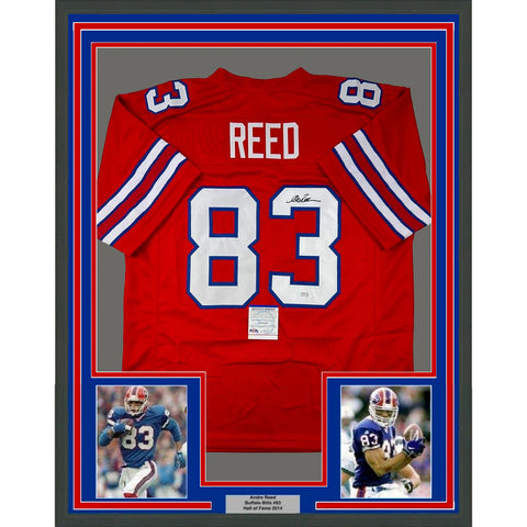 Framed Autographed/Signed Andre Reed 33x42 Buffalo Red Jersey PSA/DNA COA