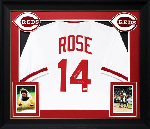 Reds Pete Rose "4256" Authentic Signed White Pro Style Framed Jersey BAS 5