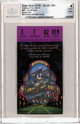 Emmitt Smith Signed Dallas Cowboys Ticket Stub SB XXVIII MVP Beckett Slab 43227