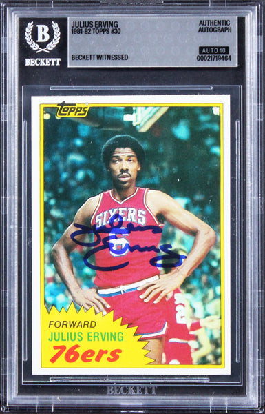 76ers Julius Erving Signed 1981 Topps #30 Card Auto Grade GM 10! BAS Slabbed
