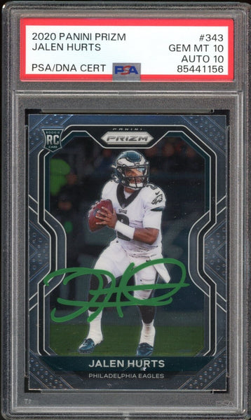 2020 Panini Prizm #343 Jalen Hurts RC On Card Green Ink PSA 10/10 Auto GEM MINT