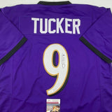 Autographed/Signed Justin Tucker Baltimore Purple Football Jersey JSA COA