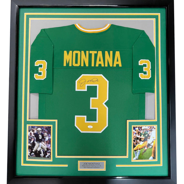 Framed Autographed/Signed Joe Montana 35x39 Notre Dame Green Jersey JSA COA