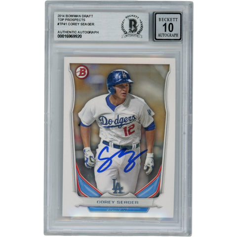 Corey Seager Autographed 2014 Bowman Draft #TP41 Slabbed Card Beckett 54579