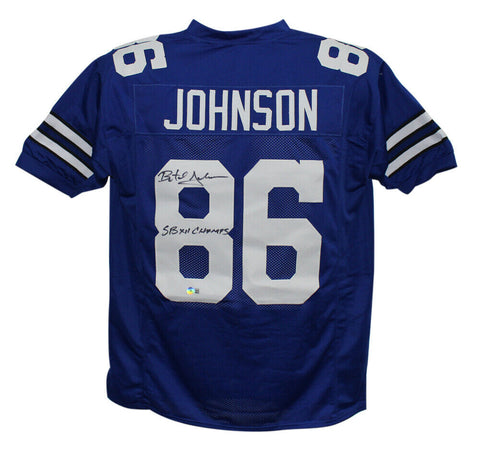 Butch Johnson Autographed/Signed Pro Style Blue XL Jersey SB Champs BAS 33984
