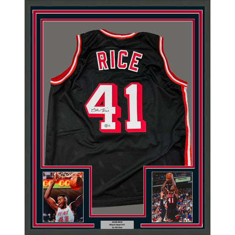 Framed Autographed/Signed Glen Rice 33x42 Miami Black Jersey Beckett BAS COA