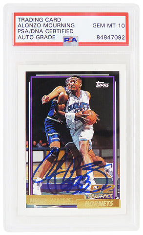 Alonzo Mourning Signed Hornets 1992-93 Topps GOLD Rookie Card #393 (PSA Auto 10)