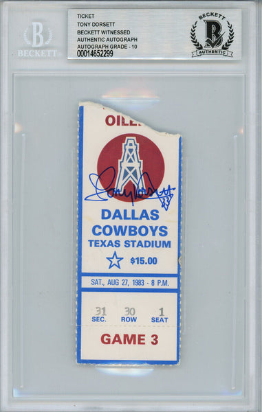 Tony Dorsett Autographed/Signed 8/27/1983 vs Oilers Ticket Beckett Slab 39183