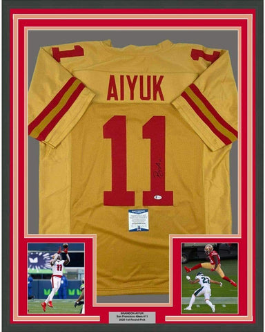 FRAMED Autographed/Signed BRANDON AIYUK 33x42 San Francisco Gold Jersey BAS COA