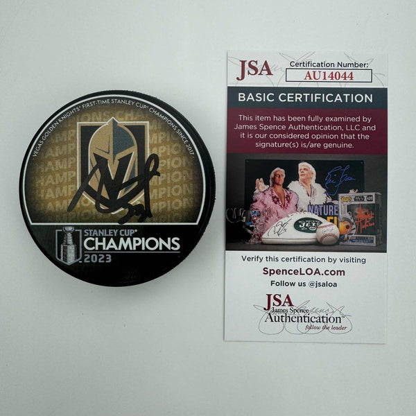 Autographed/Signed Alec Martinez Golden Knights 2023 Stanley Cup Puck JSA COA