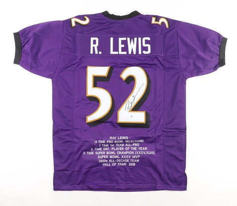 Ray Lewis Signed Baltimore Raven Career Stat Jersey (Beckett COA) 13xPro Bowl LB