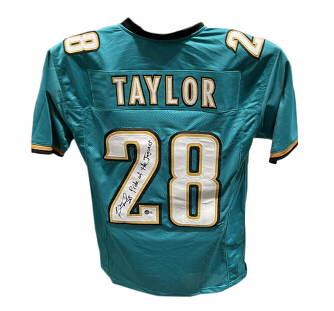 Fred Taylor Autographed/Signed Pro Style Jersey Teal Insc. Beckett 40941