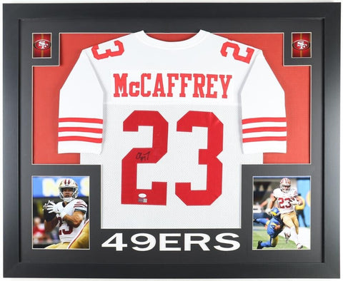 Christian McCaffrey Signed San Francisco 49ers 35x43 Framed Jersey (JSA) R.B.