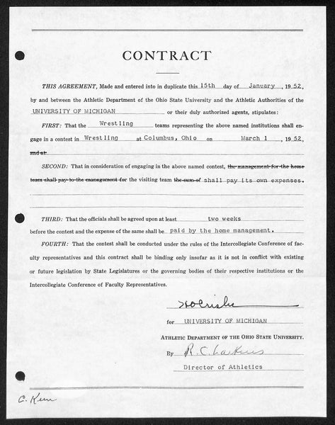 Fritz Crisler HOF Michigan Head Coach Signed/Auto Contract PSA BA199023