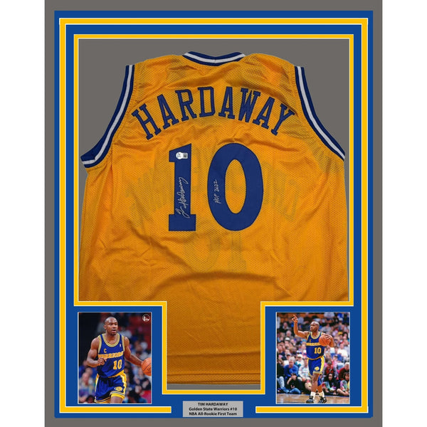 Framed Autographed/Signed Tim Hardaway 35x39 GSW Yellow Jersey Beckett COA