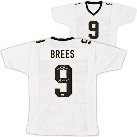 SAINTS DREW BREES AUTOGRAPHED WHITE JERSEY "SB XLIV MVP" BECKETT WITNESS 216828