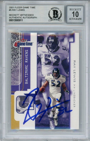 Ray Lewis Signed 2001 Fleer Game Time #5 Trading Card Beckett 10 Slab 35263