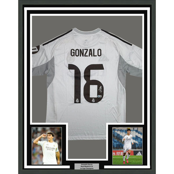 Framed Autographed/Signed Gonzalo Garcia 35x39 Real Madrid Jersey BAS COA