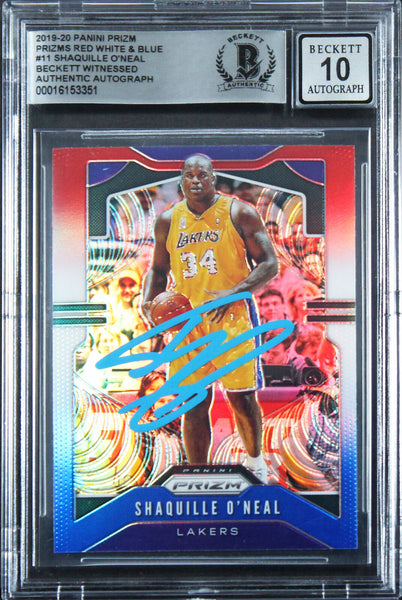 Lakers Shaquille O'Neal Signed 2019 Panini Prizm RW&B #11 Card Auto 10! BAS Slab