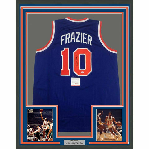 FRAMED Autographed/Signed WALT FRAZIER 33x42 New York NY Blue Jersey PSA/DNA COA