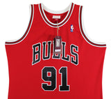 Bulls Dennis Rodman Signed Red Mitchell & Ness HWC Swingman Jersey JSA Witnessed