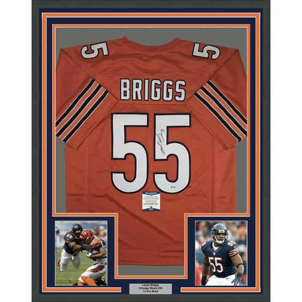 FRAMED Autographed/Signed LANCE BRIGGS 33x42 Chicago Orange Jersey Beckett COA