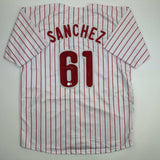 Autographed/Signed Cristopher Sanchez Philadelphia Pinstripe Jersey Beckett COA