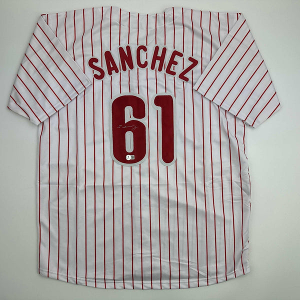 Autographed/Signed Cristopher Sanchez Philadelphia Pinstripe Jersey Beckett COA