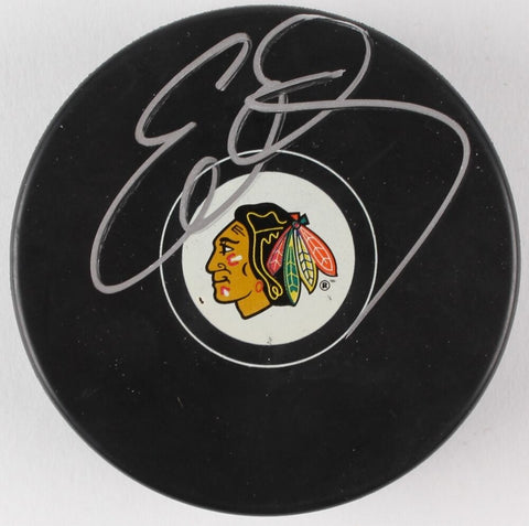Eddie Olczyk Signed Chicago Blackhawks Logo Hockey Puck (PSA COA)
