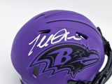 TERRELL SUGGS AUTOGRAPHED RAVENS PURPLE RAVE MINI HELMET BECKETT WITNESS 241396