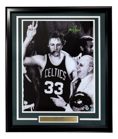 Larry Bird Signed Framed 16x20 Boston Celtics w/ Auerbach Photo 2 Bird+PSA/DNA