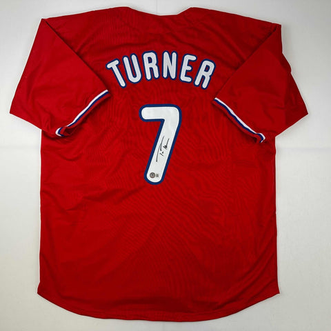 Autographed/Signed Trea Turner Philadelphia Red Baseball Jersey Beckett BAS COA