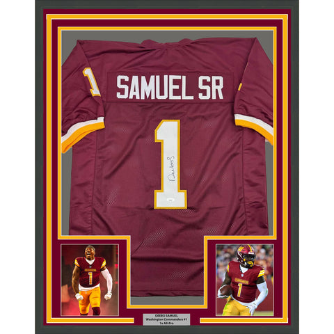Framed Autographed/Signed Deebo Samuel 35x39 Washington Burgundy Jersey JSA COA